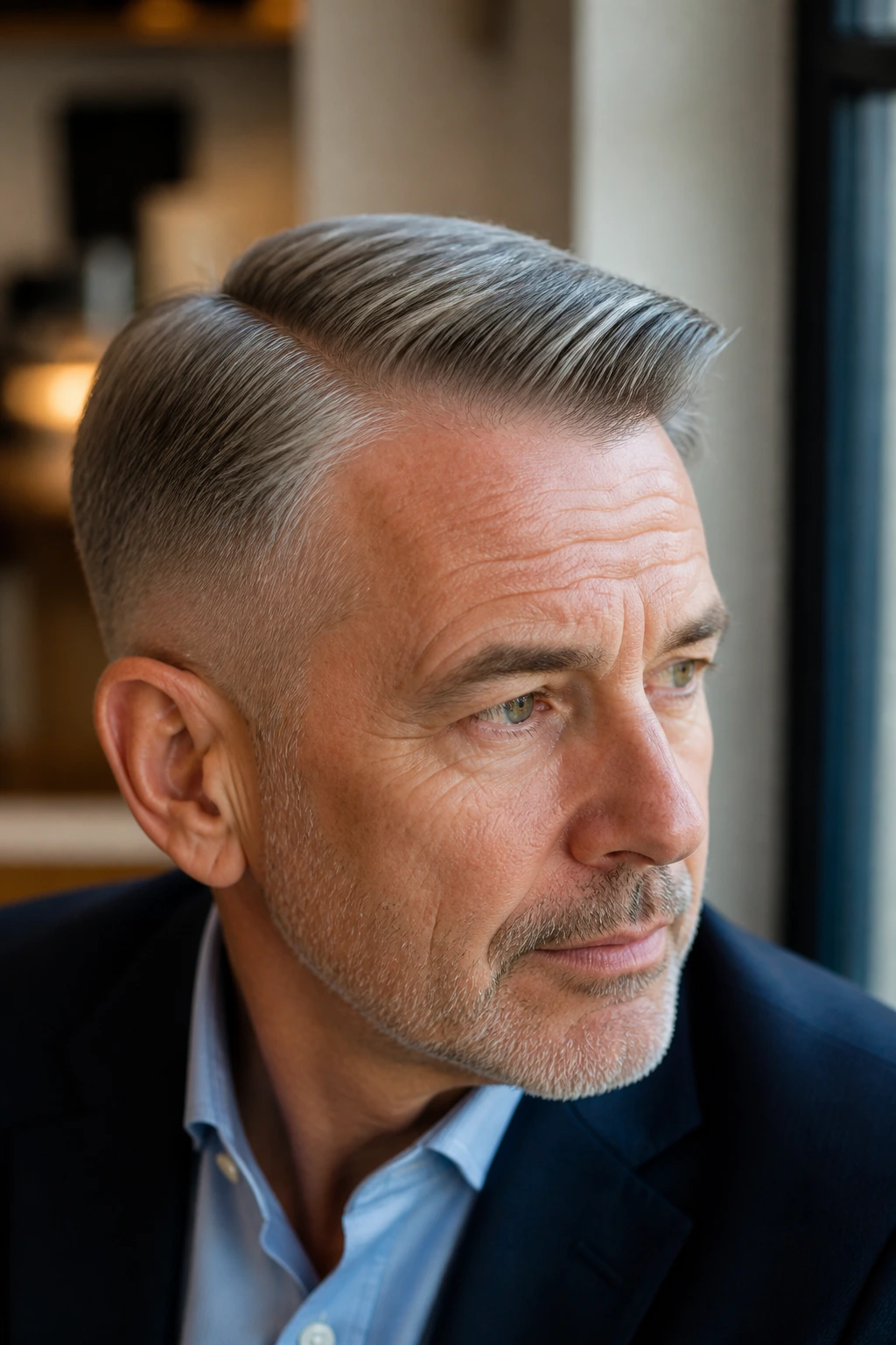 Real man with a tapered comb-over hairstyle and natural sweep
