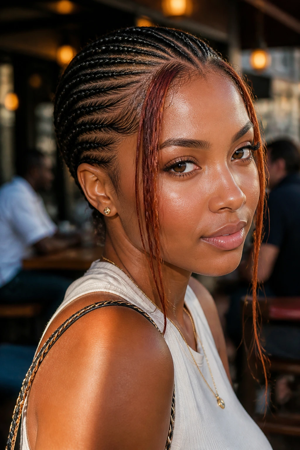 Real woman with tapered cornrows and red-caramel money pieces.