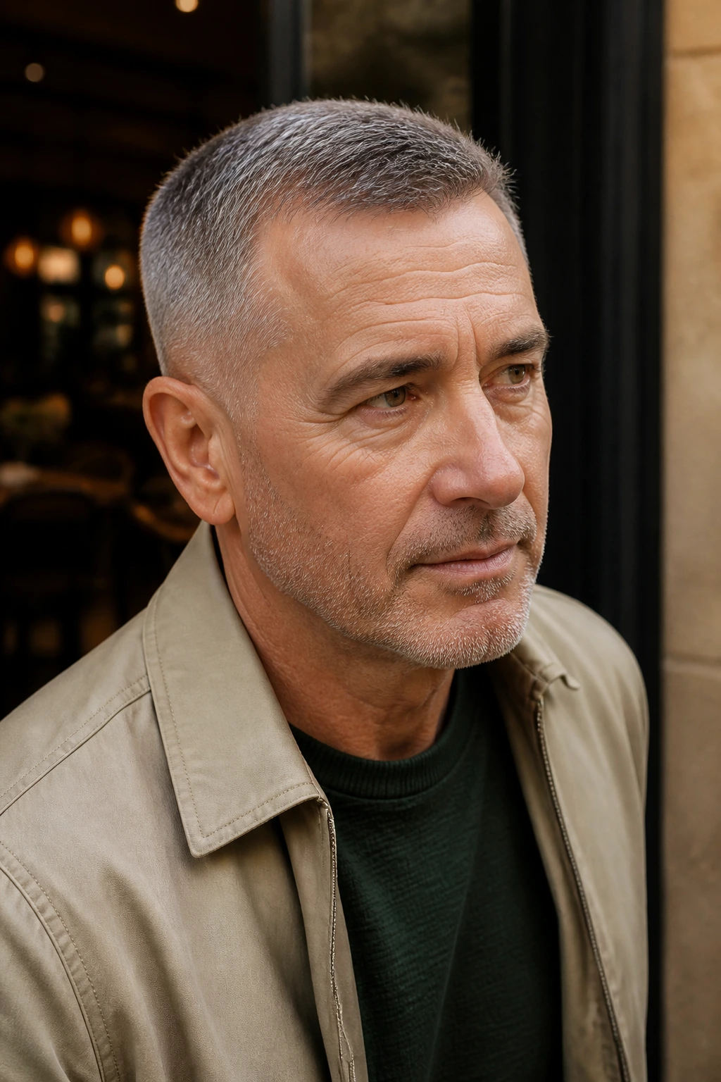 Man with a tapered crew cut, top slightly longer at the front.