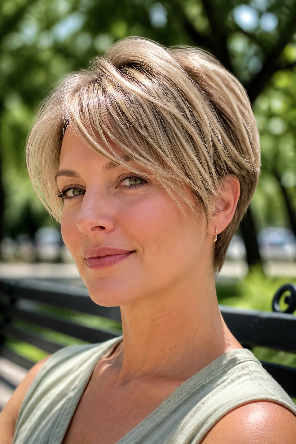 Close-up portrait of a real person with a tapered crop and airy layers in bright outdoor light.