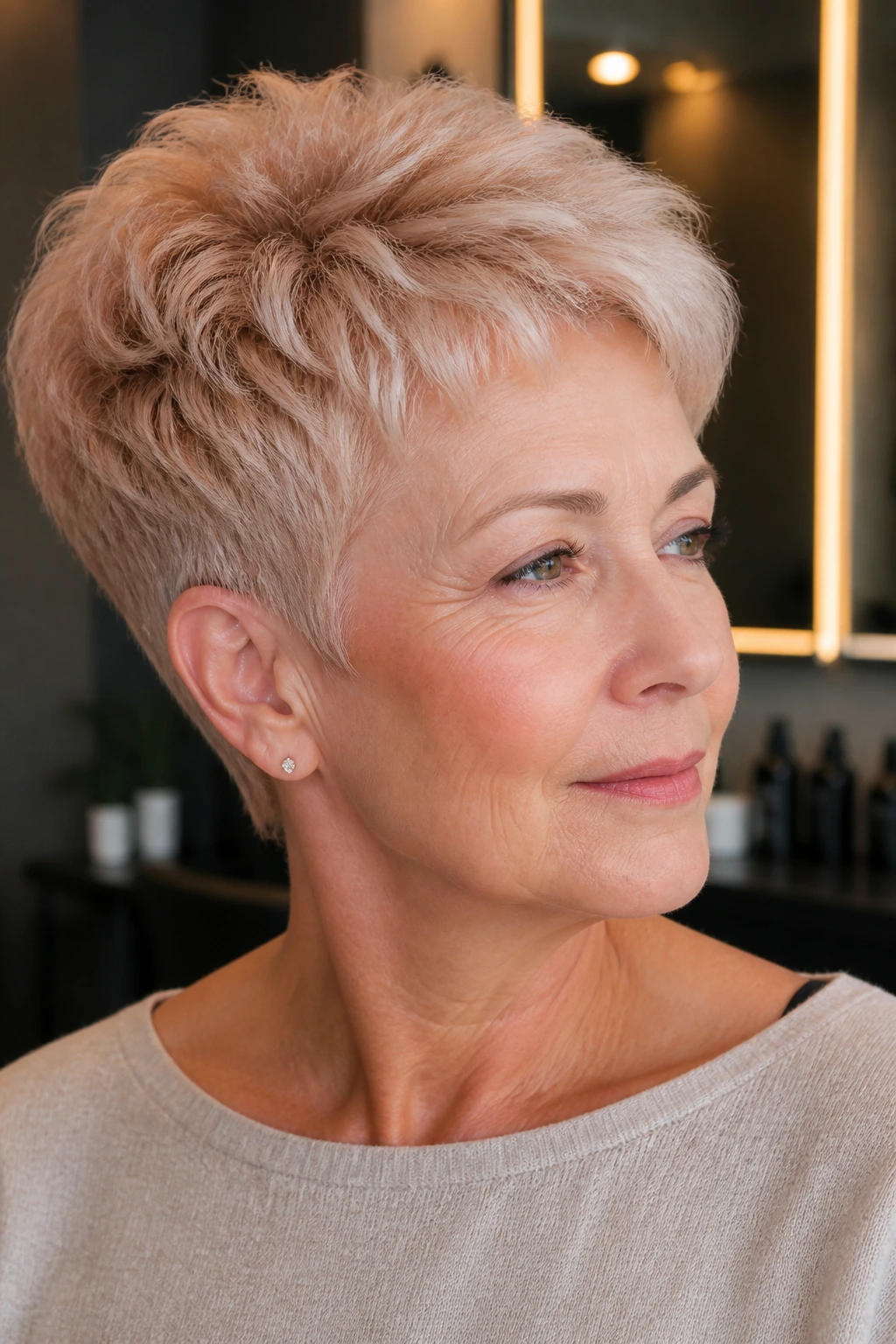 Close-up of a real woman with tapered grey crop and apricot sheen