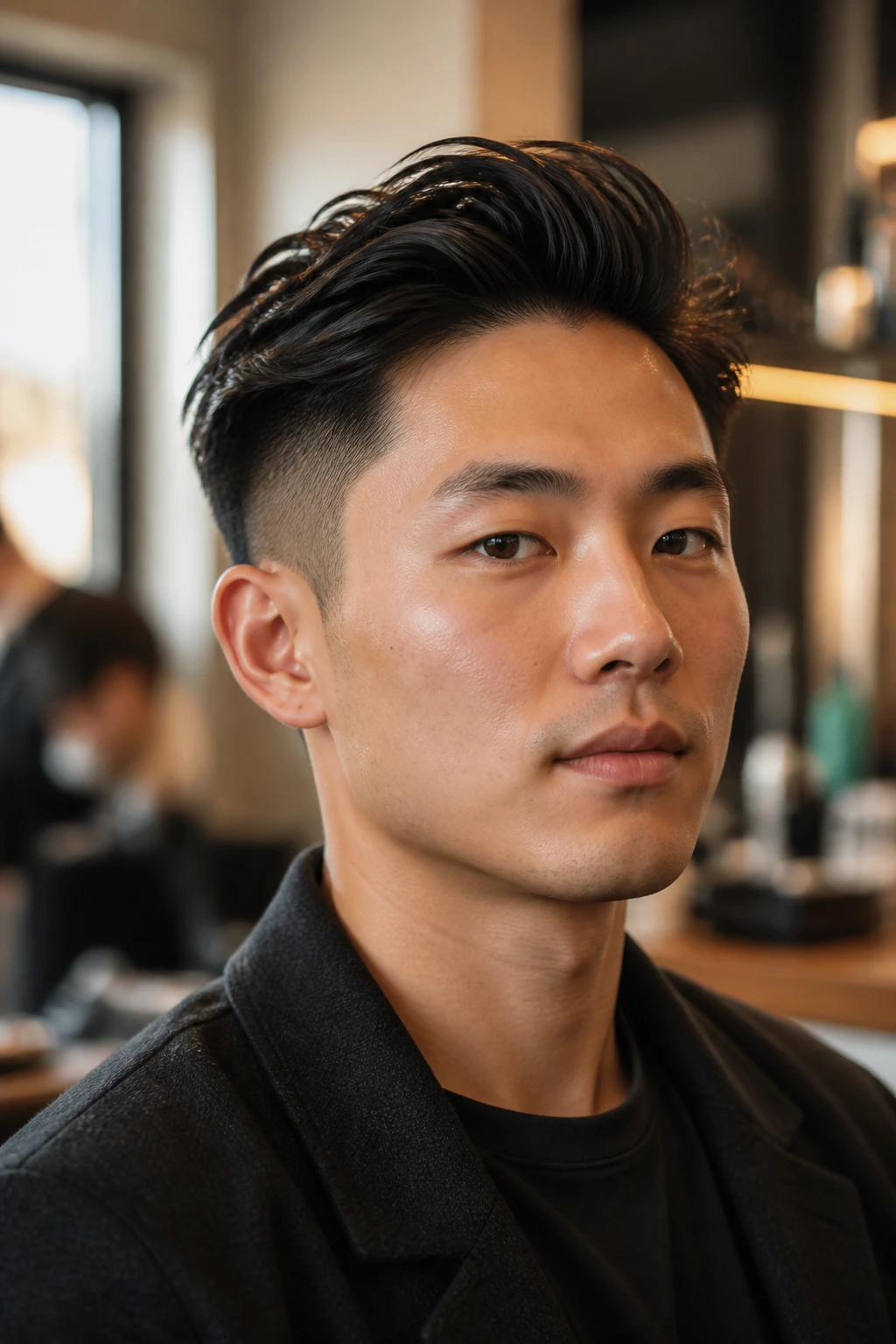 Close-up of a real person with tapered sides and long top in a salon.