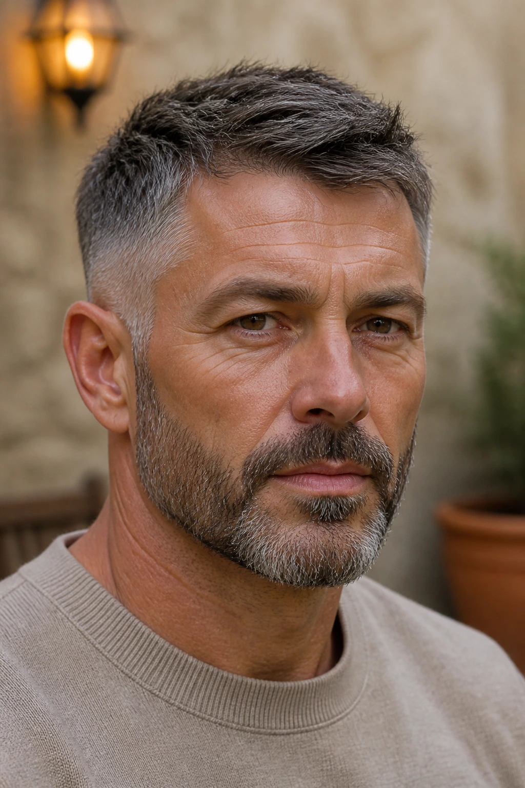 Man with tapered crop and beard blend in evening light