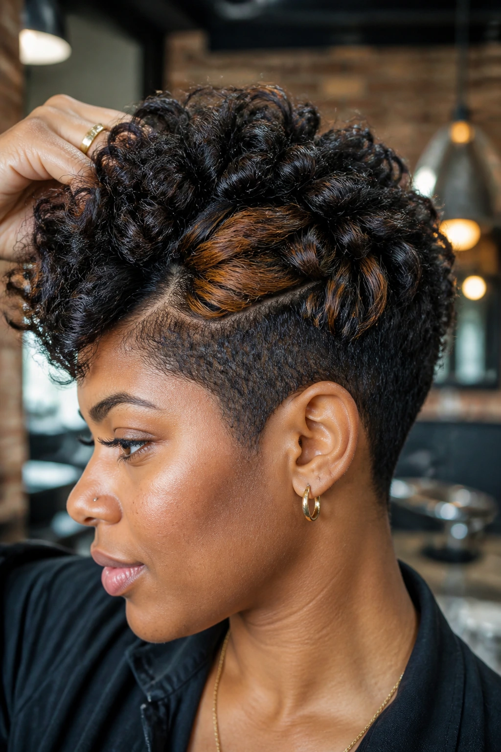 Close-up of a real woman with a tapered crop and caramel peekaboo highlights