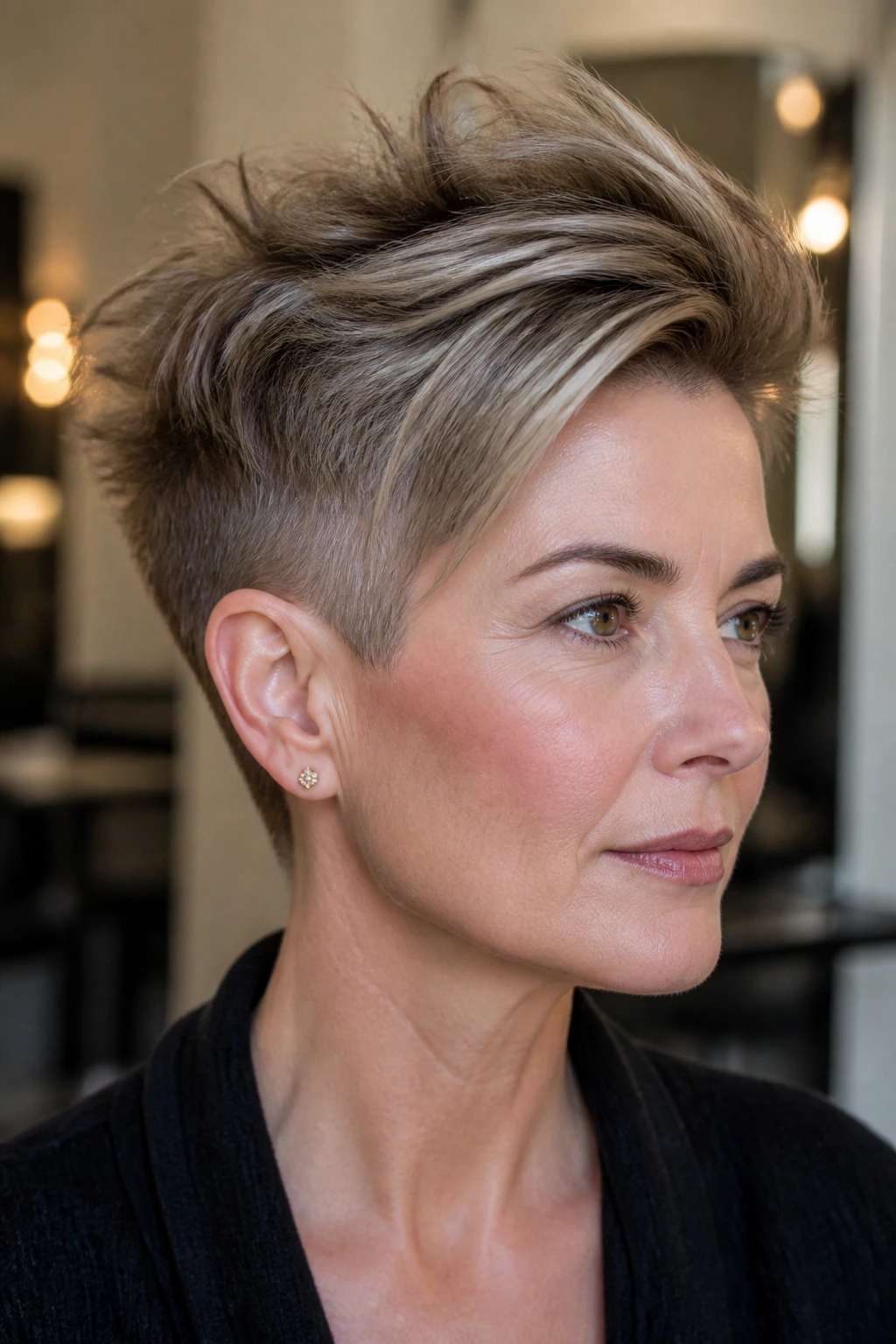 Real woman with tapered crop showing lifted crown and side part