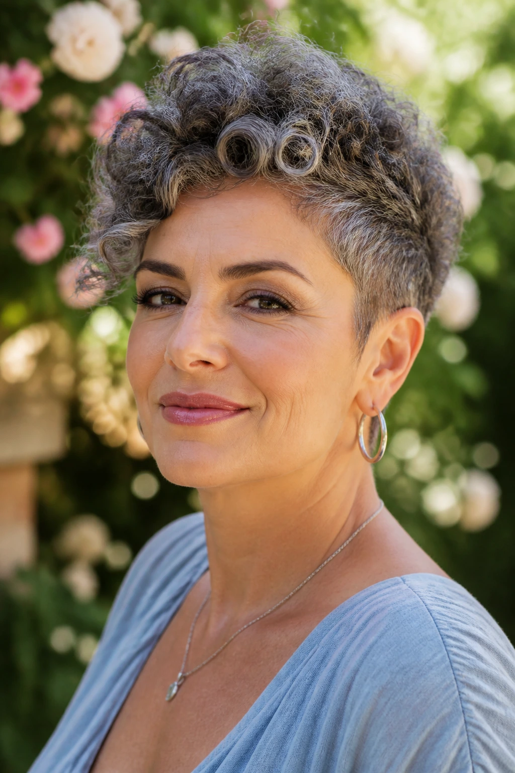 Close-up of a real woman with a tapered curly crop and crown lift outdoors in morning light