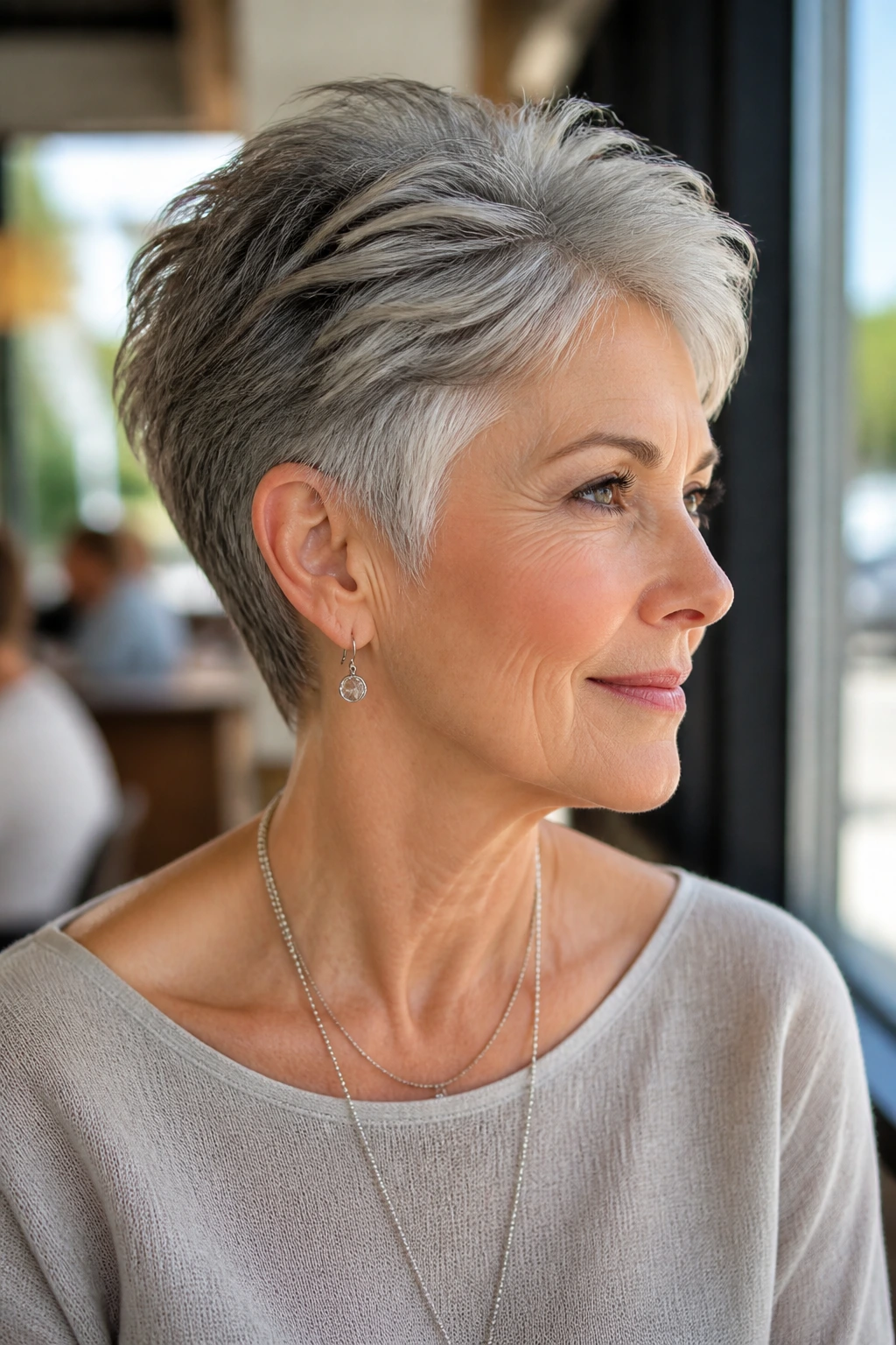 Close-up of a real woman with a tapered crop and crown lift