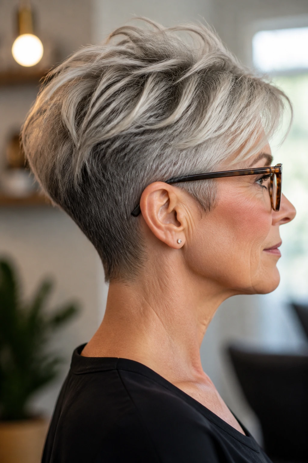 Profile view of a woman with a tapered crop and crown lift.