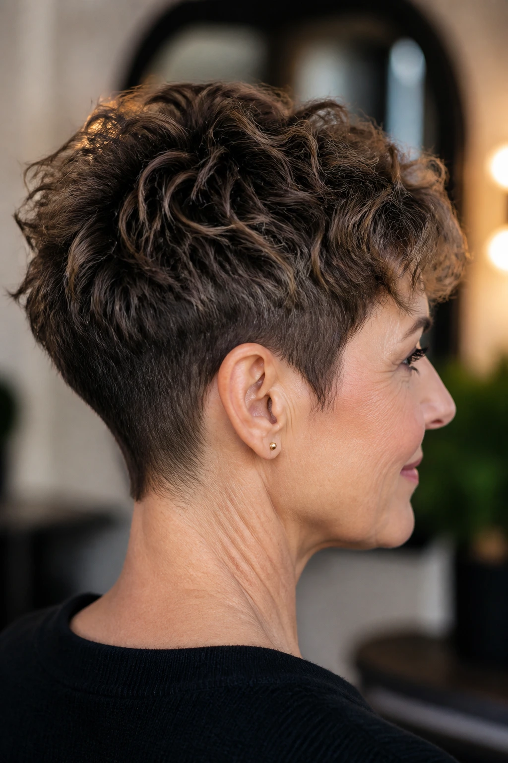 Close-up of a real woman with a tapered crop and textured crown