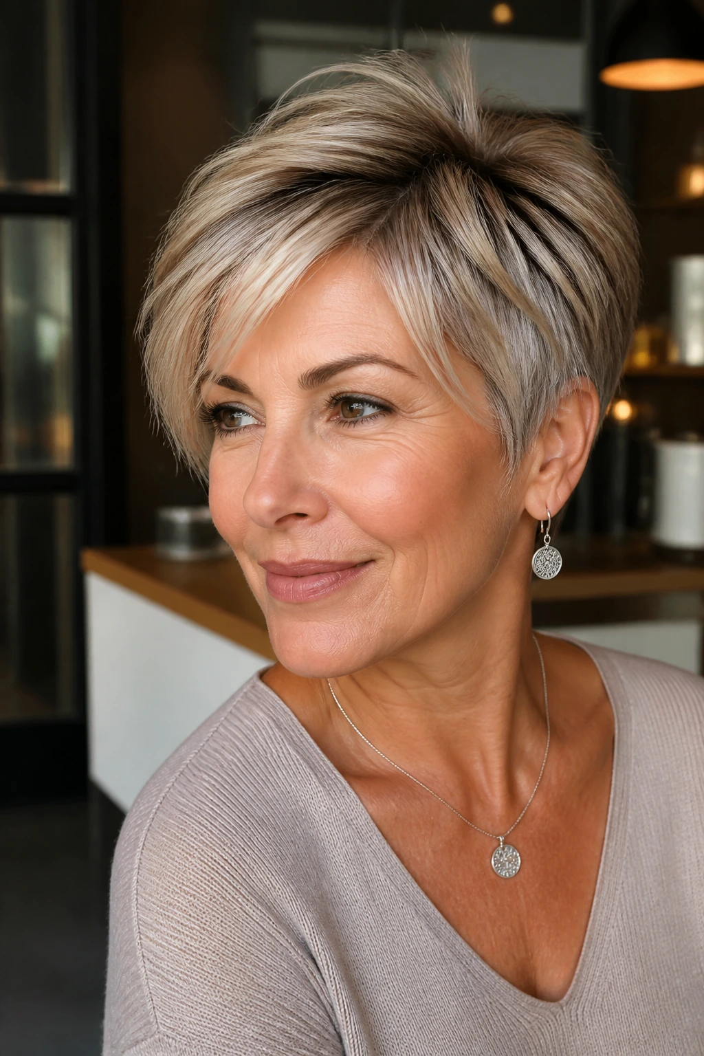Close-up of a real woman with a tapered crop and crown volume