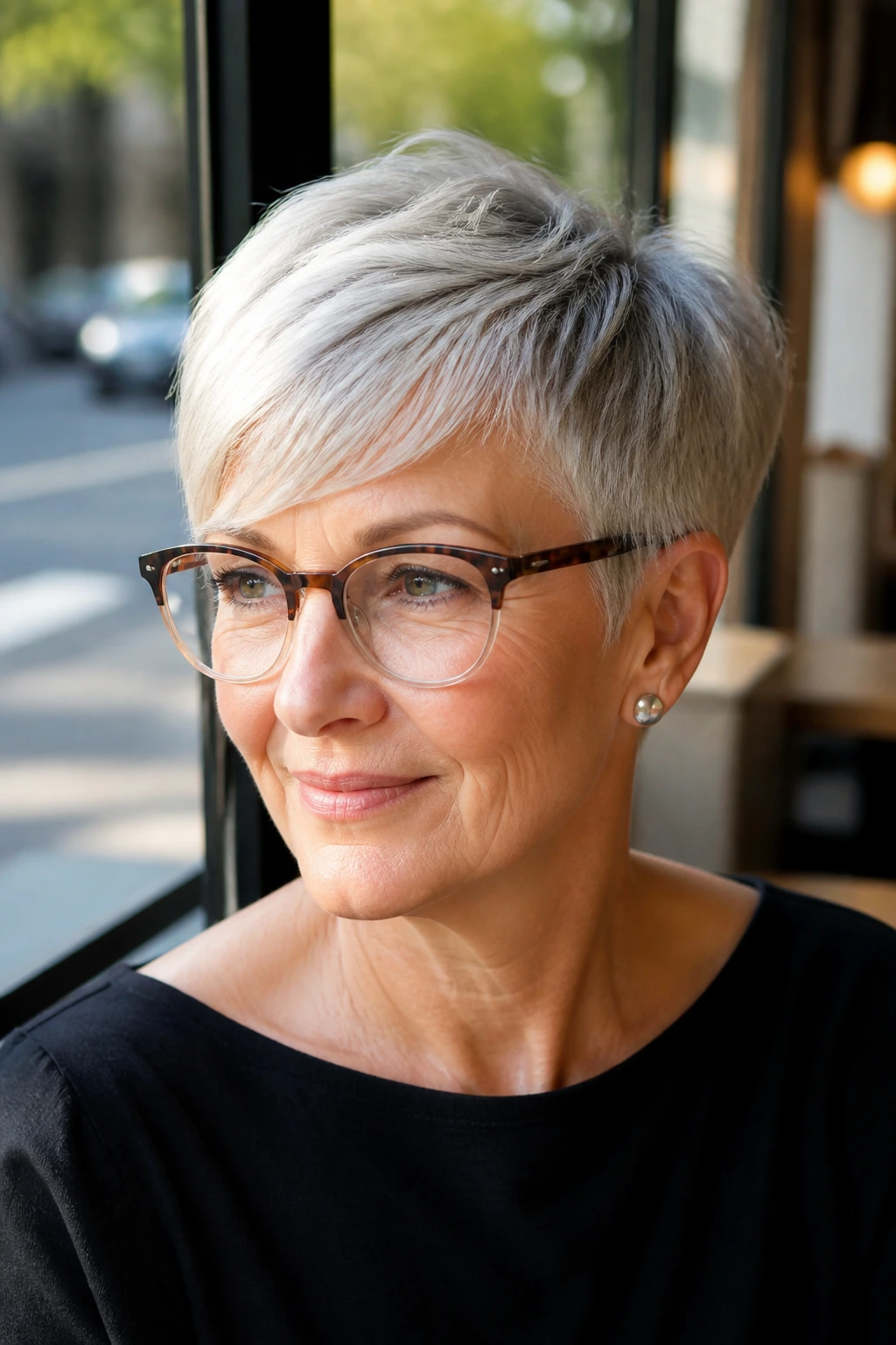 Close-up of a 60s woman with a tapered crop and side-swept fringe.