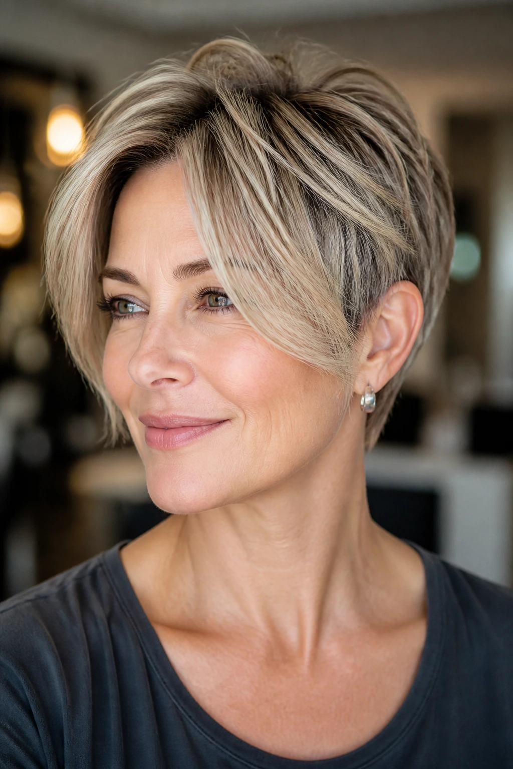 Close-up of a real woman with a tapered crop and swept curtain fringe in a warm salon