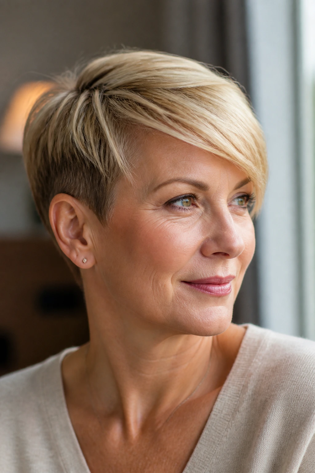 Close-up of a real woman with a tapered crop and side-swept fringe in natural light.