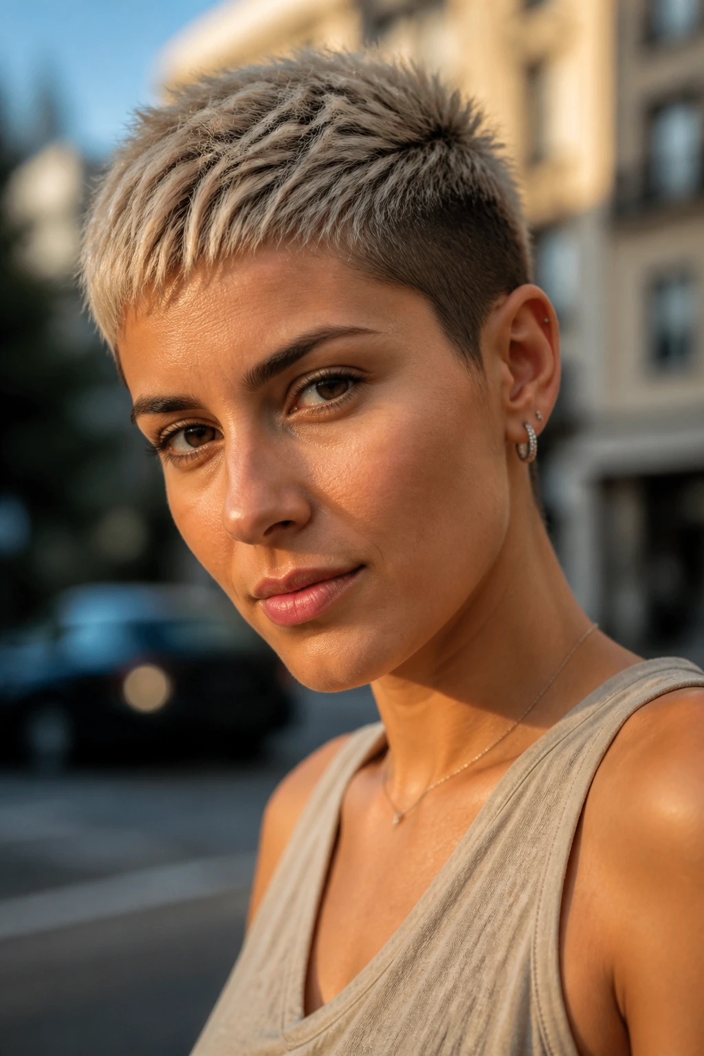 Real person with tapered crop and frosted crown in olive skin tone