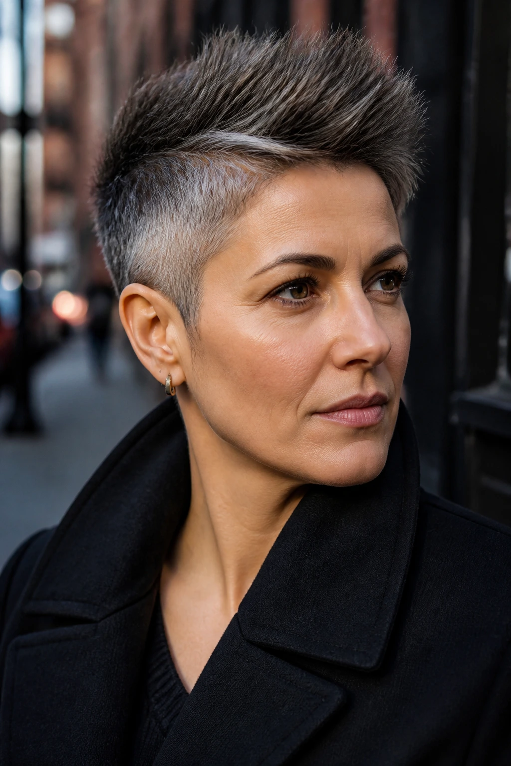 Close-up portrait of a real person with a tapered crop and short sides, silver temples