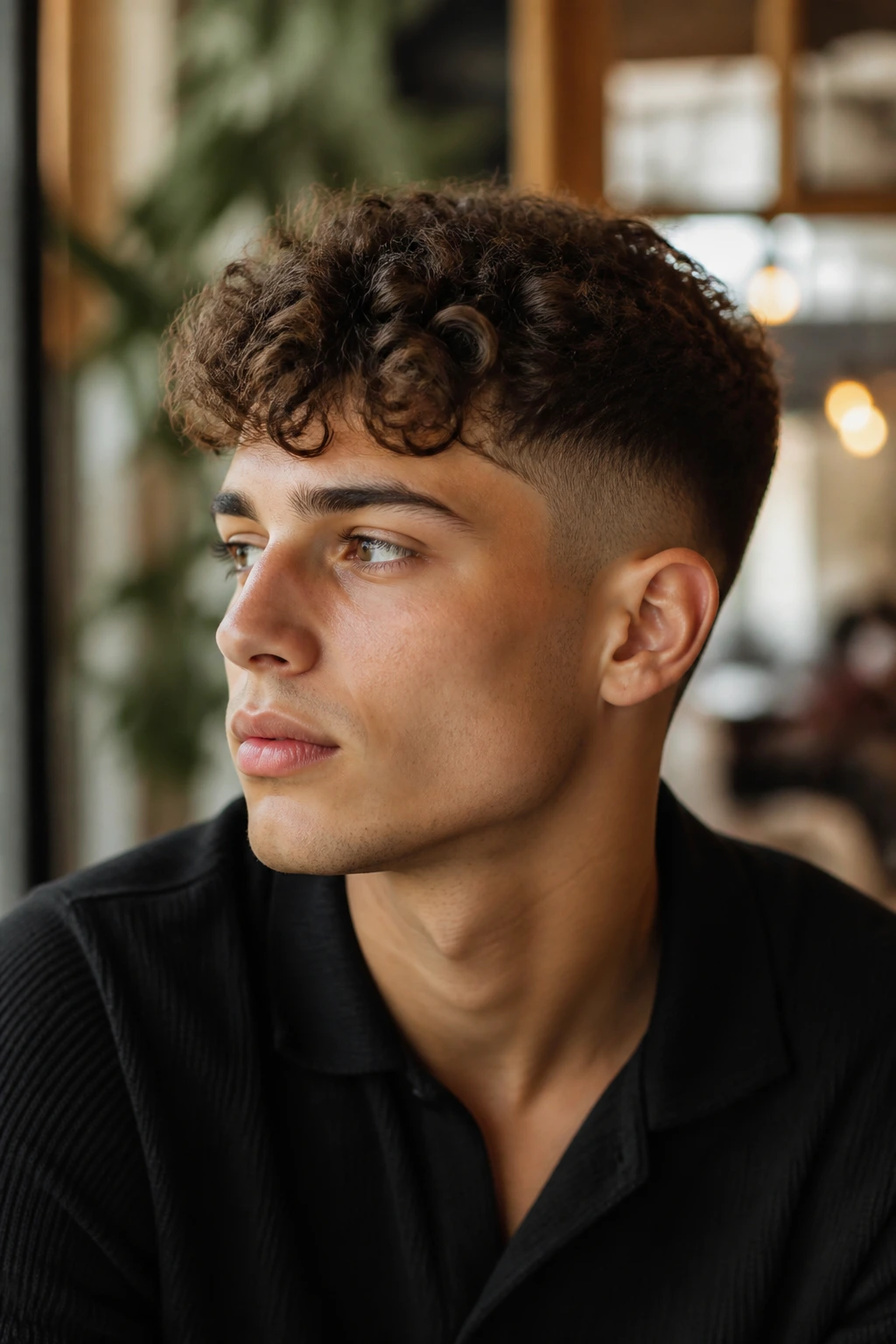 Close-up of a person with a tapered crop hairstyle in cafe lighting