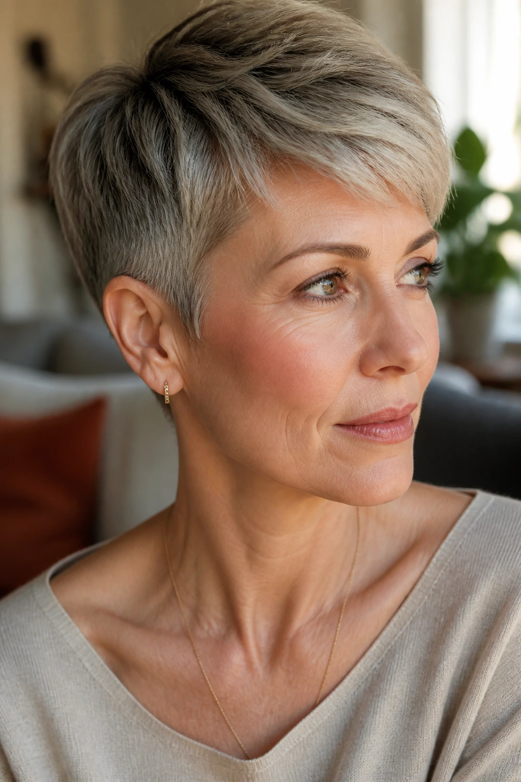 Close-up of a woman with a tapered crop hairstyle and soft-sides in warm window light