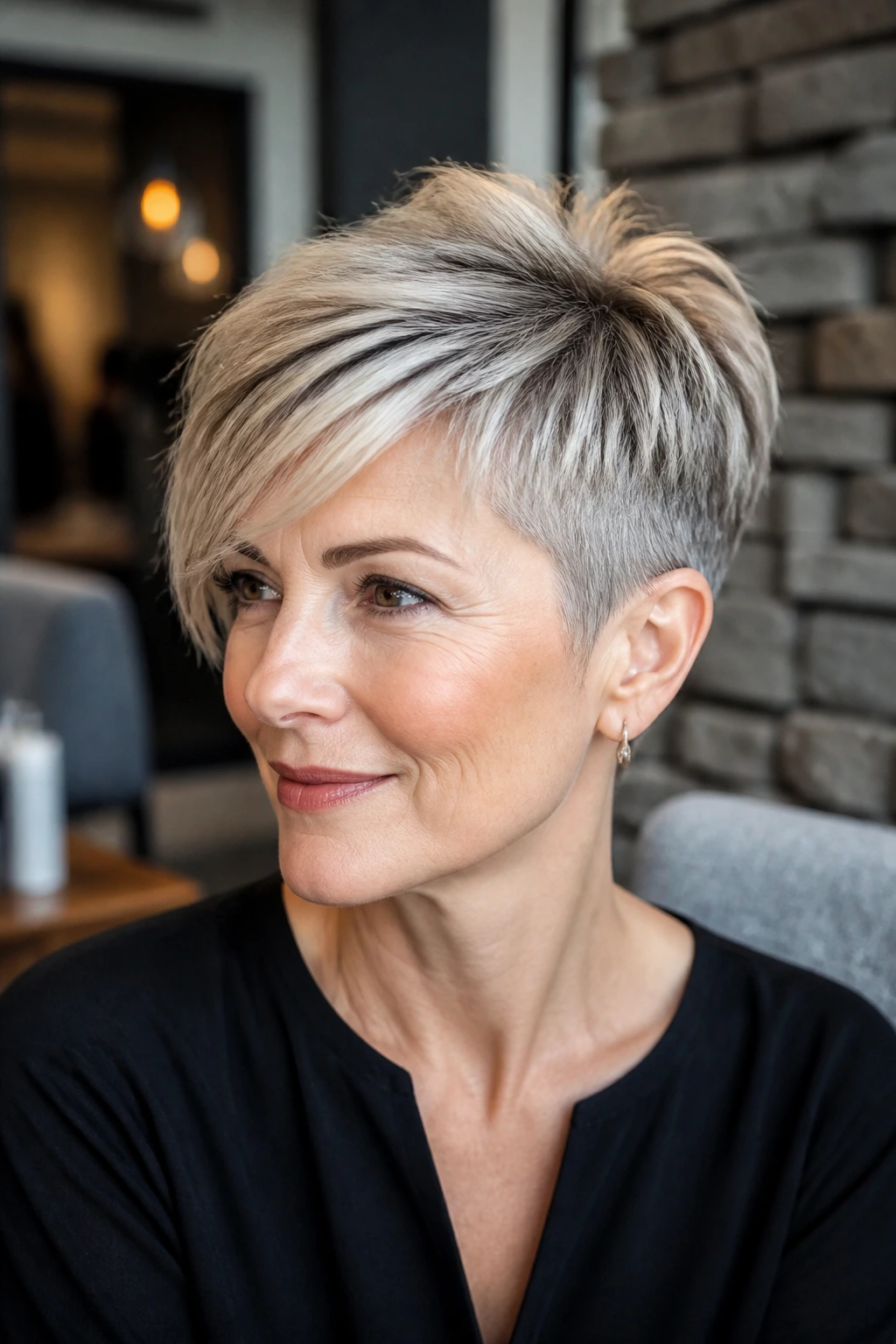 Portrait of a real person with a tapered crop and lifted crown showing volume.