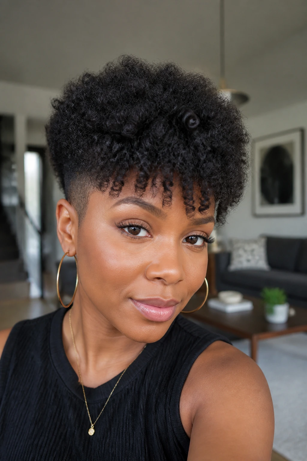Close-up of a real person with tapered crop and longer crown fringe in bright room
