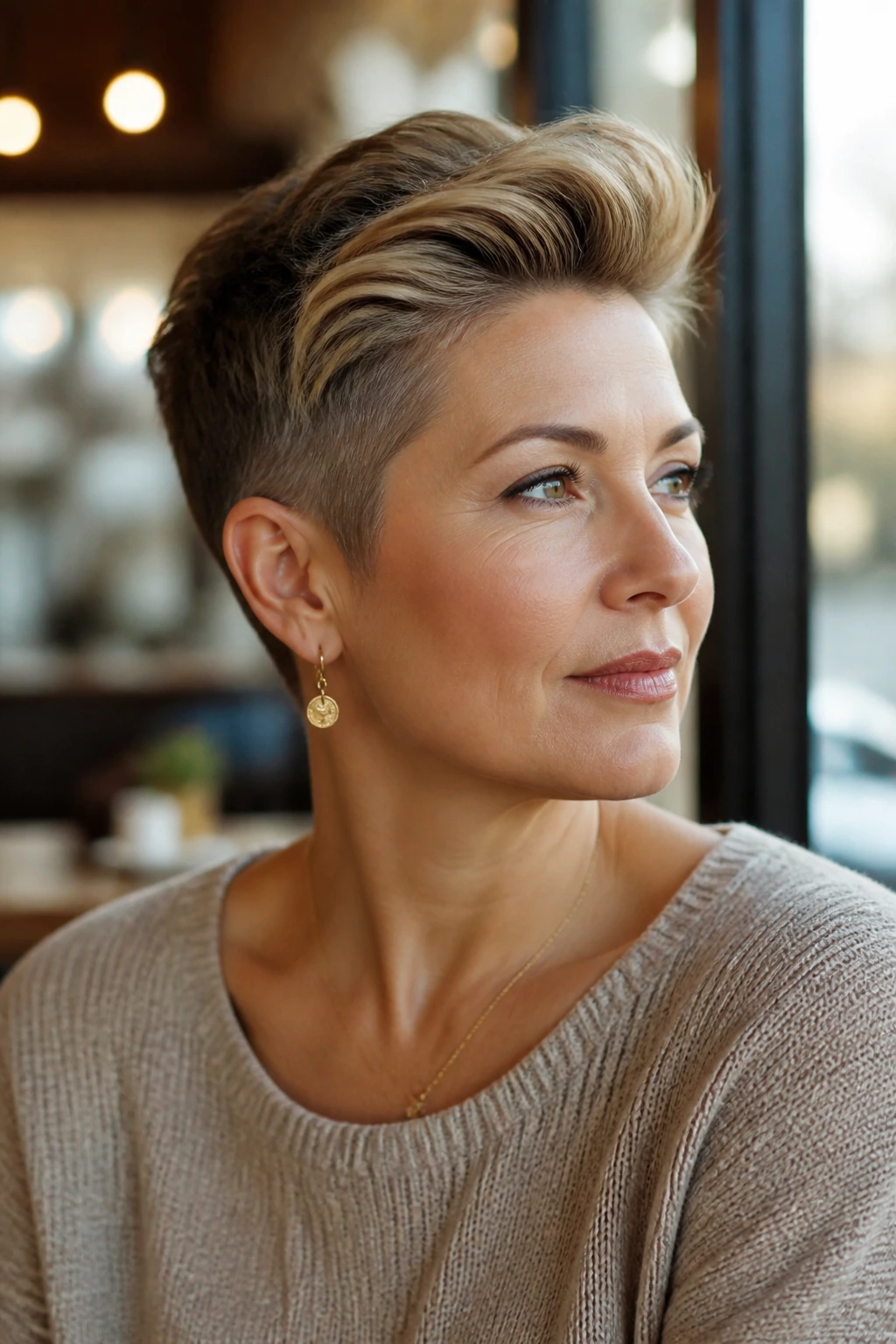 Close-up portrait of a woman with tapered crop and longer top