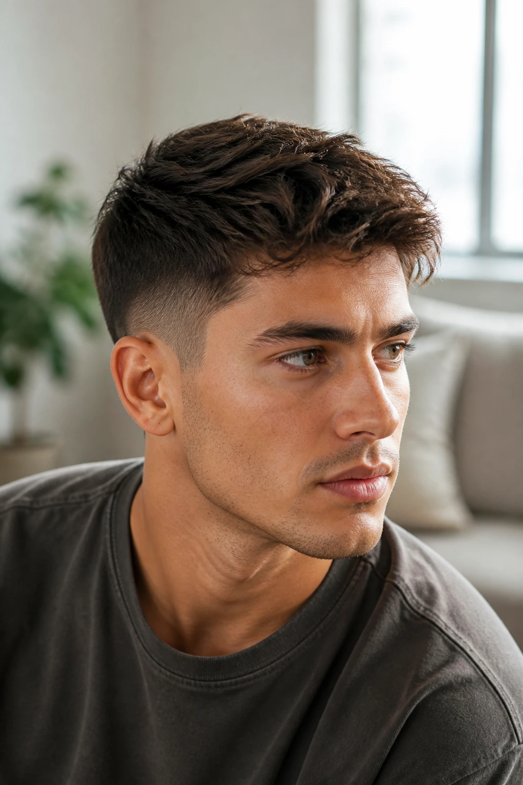 Portrait of real person with tapered crop and longer top showing crisp outline and volume