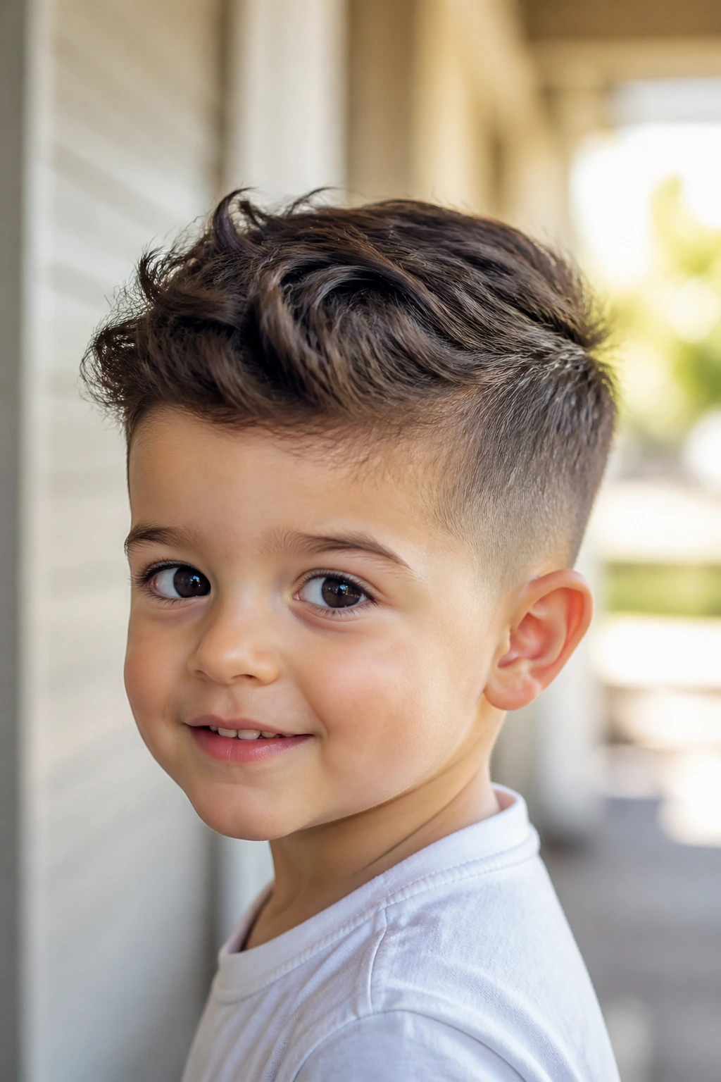 Close-up of toddler with tapered crop and longer top