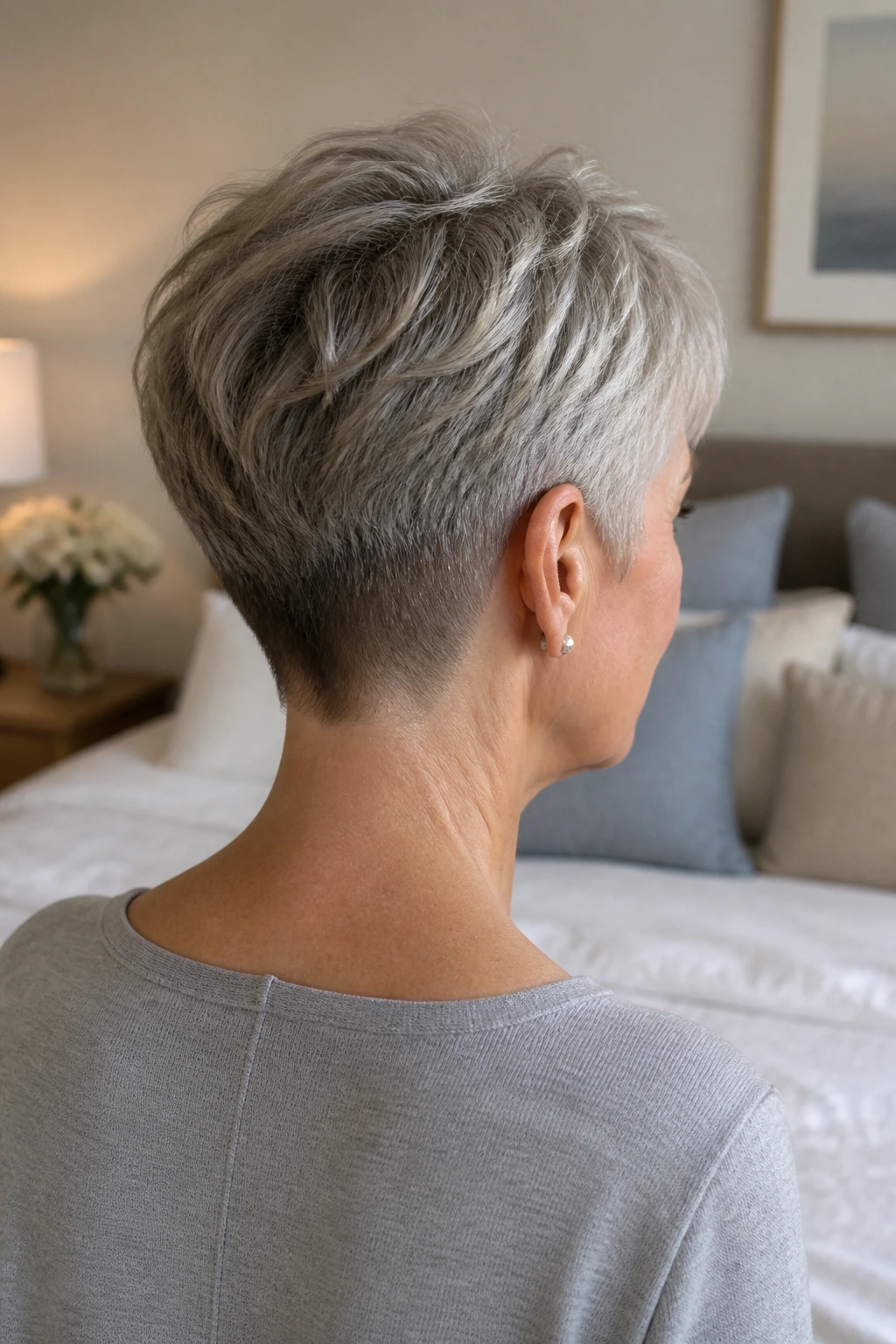 Back and side view of a real woman with a tapered crop and close nape
