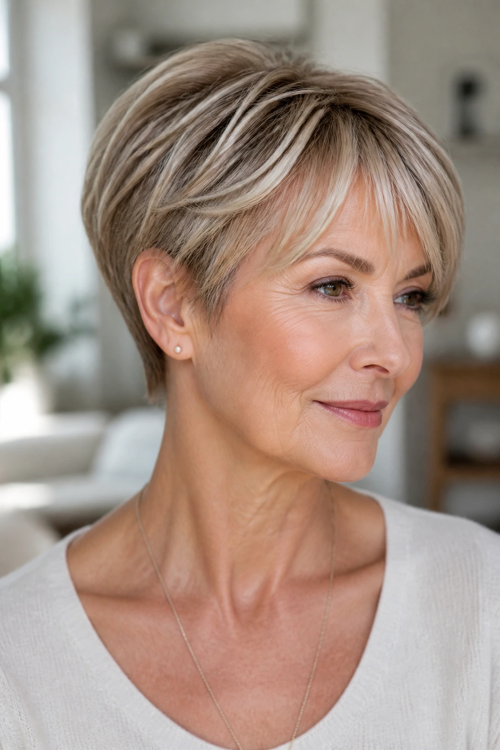 Real woman with tapered crop and pearl babylights.