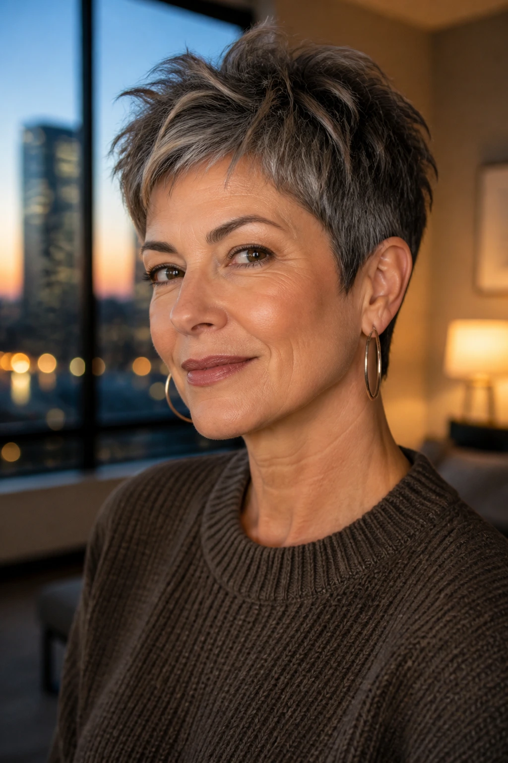 Close-up of a real woman with a short tapered crop showing piecey texture.