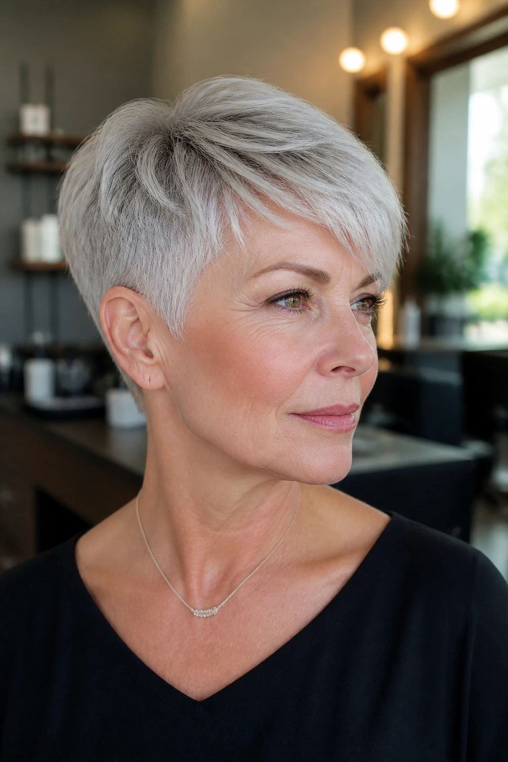 Portrait of a real woman with a tapered crop and longer top in soft salon lighting