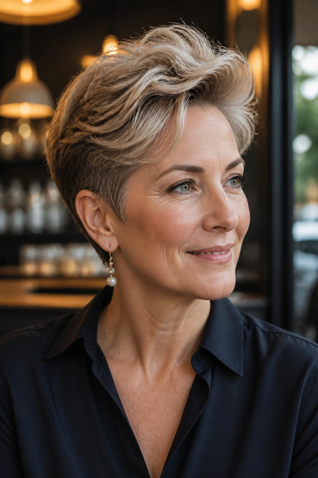 Real woman with a tapered crop and soft crown in a cafe-lit setting