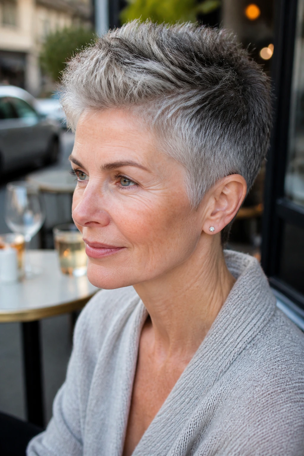 Close-up portrait of tapered crop with salt-and-pepper crown on fair skin