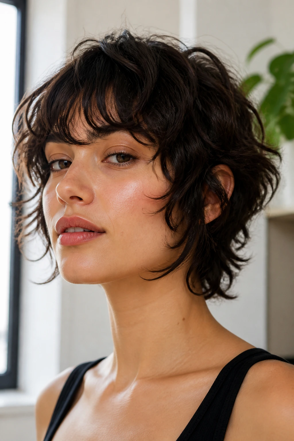 Close-up of a person with tapered crop shag and face-hugging bangs