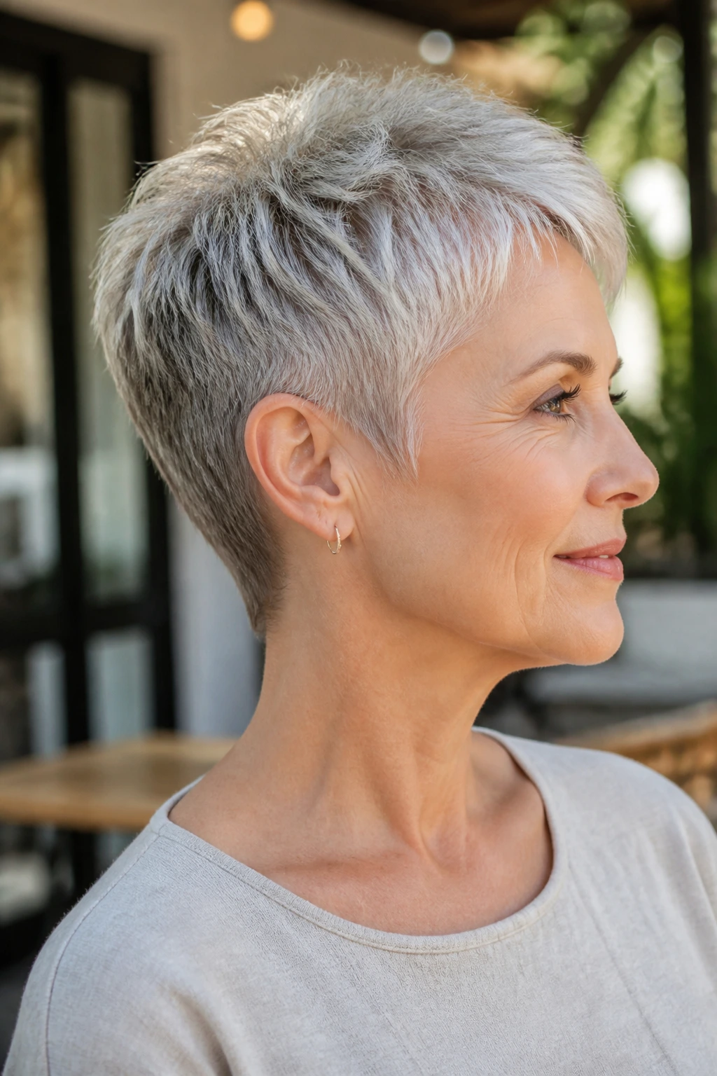 Close-up portrait of a real woman with a tapered neck-following crop