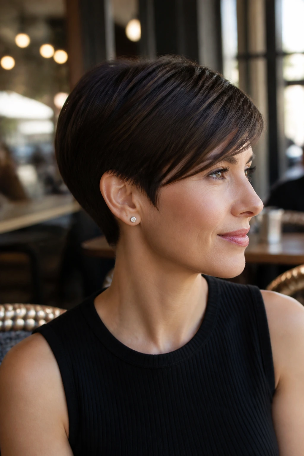 Portrait of a real person with a tapered crop and side bangs