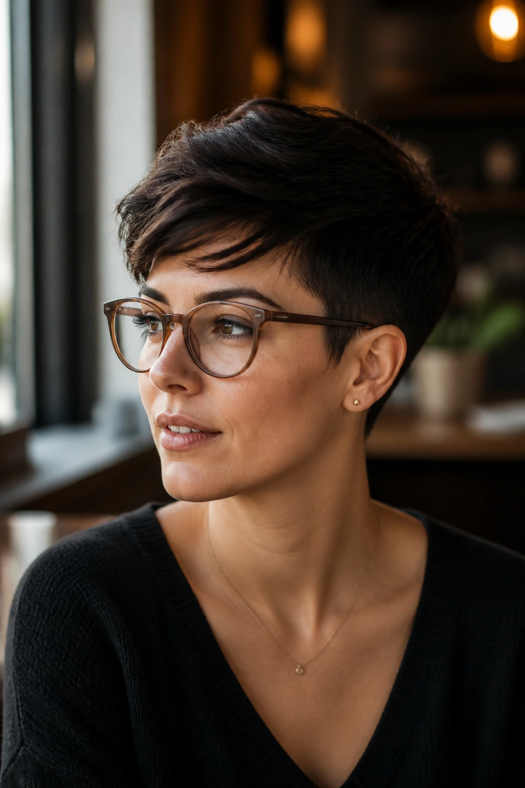 Close-up of a real woman with a tapered crop and side sweep in warm cafe lighting