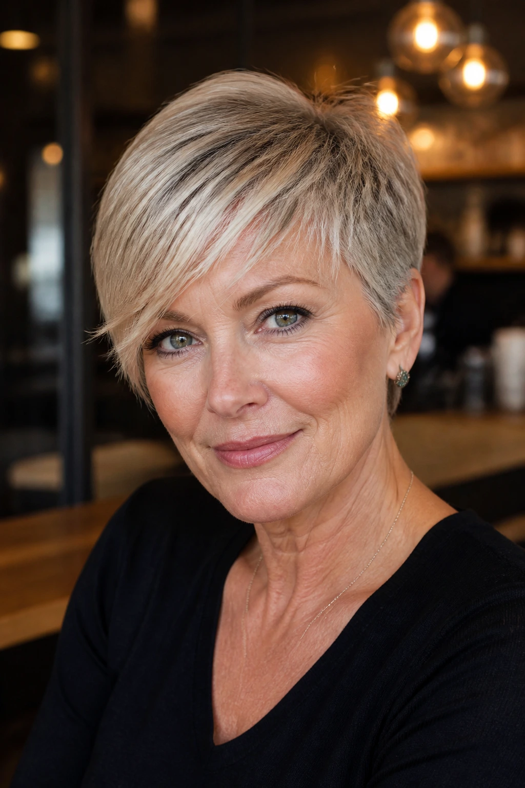 Real woman with tapered crop and side-swept bangs