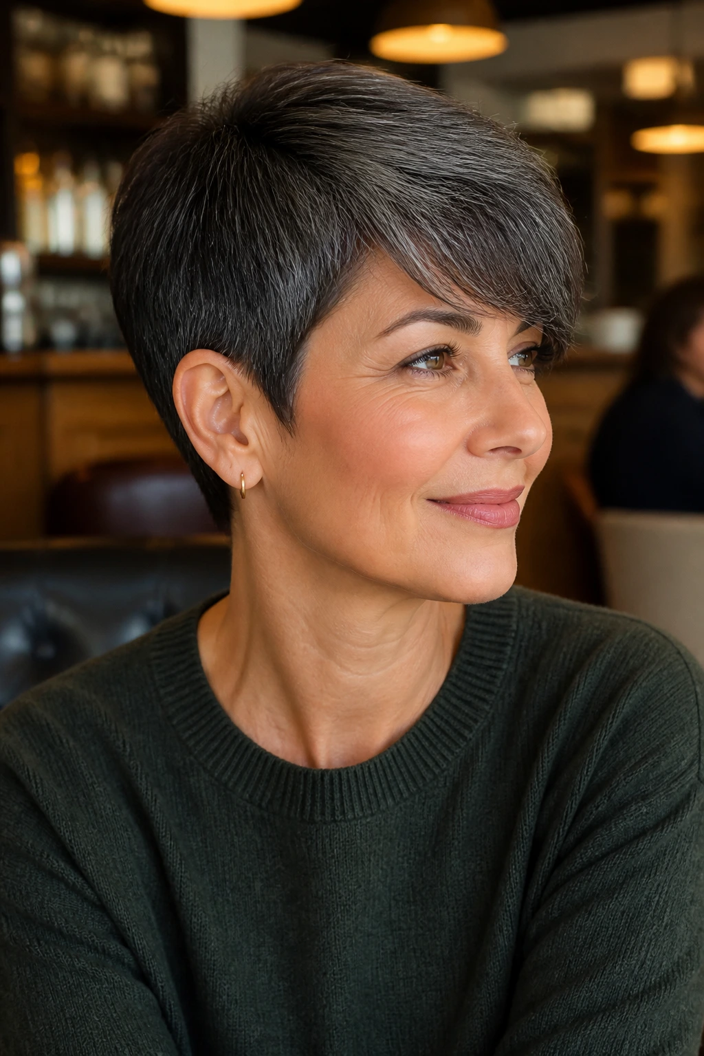 Close-up portrait of a real woman with a tapered crop and side-swept fringe, hiding gray at the temples.