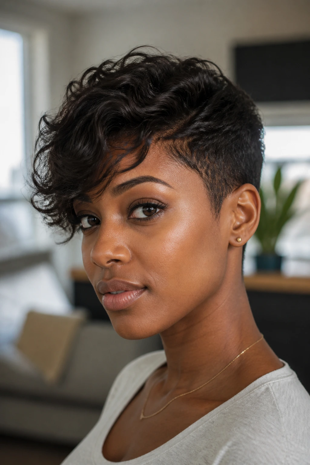 Close-up of real woman with tapered crop and sweeping fringe