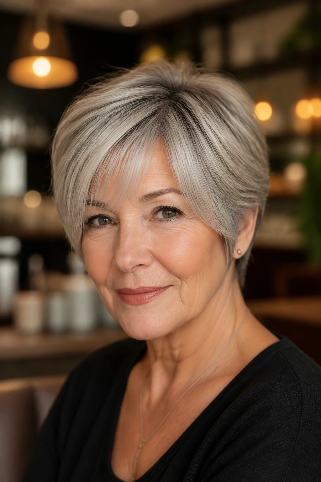 Close-up portrait of a real woman with a tapered crop and temple-skimming fringe