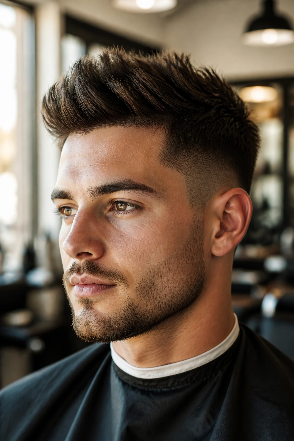 Close-up of a real man with a tapered crop and textured top in barber shop lighting
