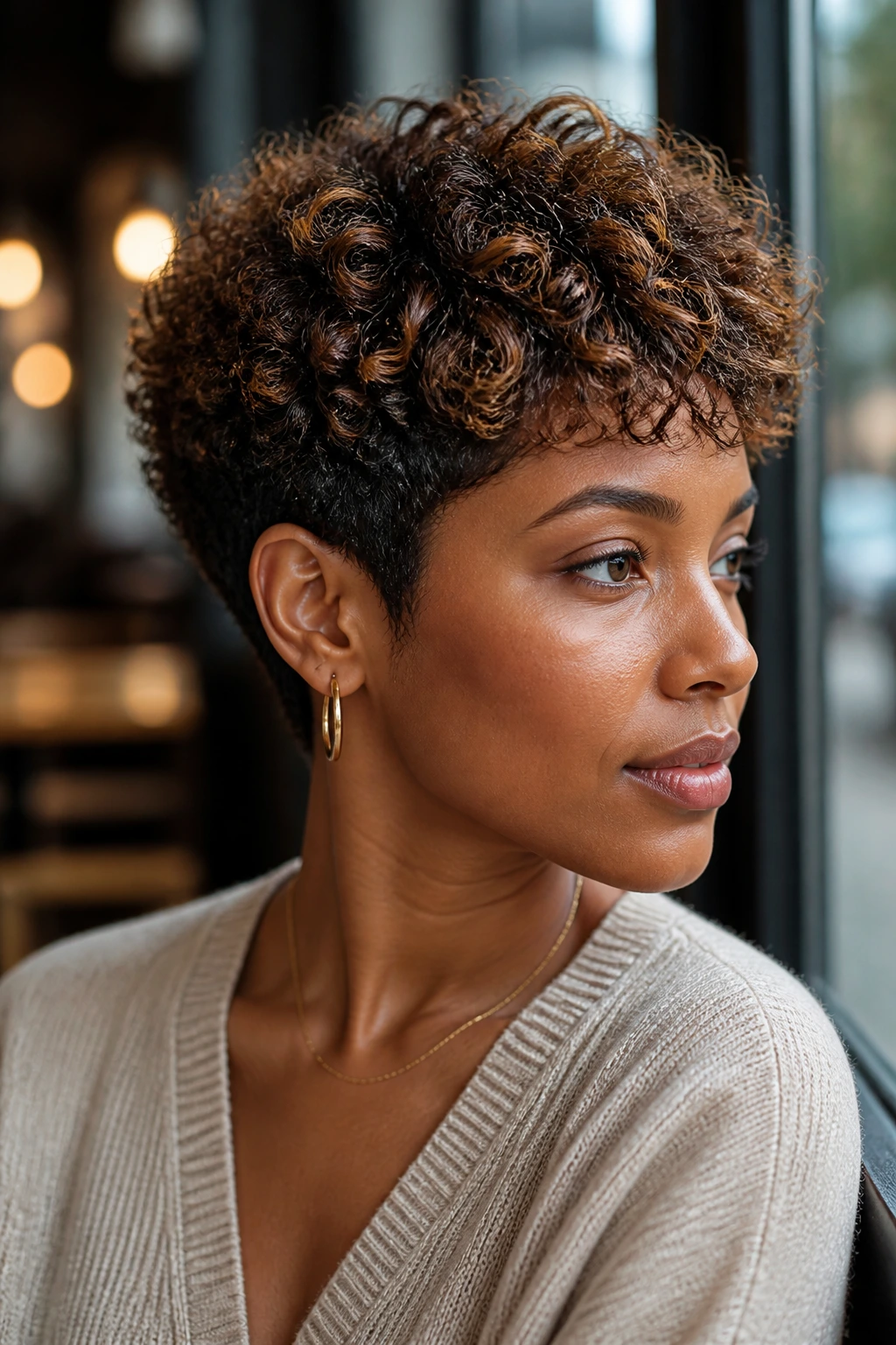 Close-up portrait of a real person with a tapered curly crop and warm bronze threads.