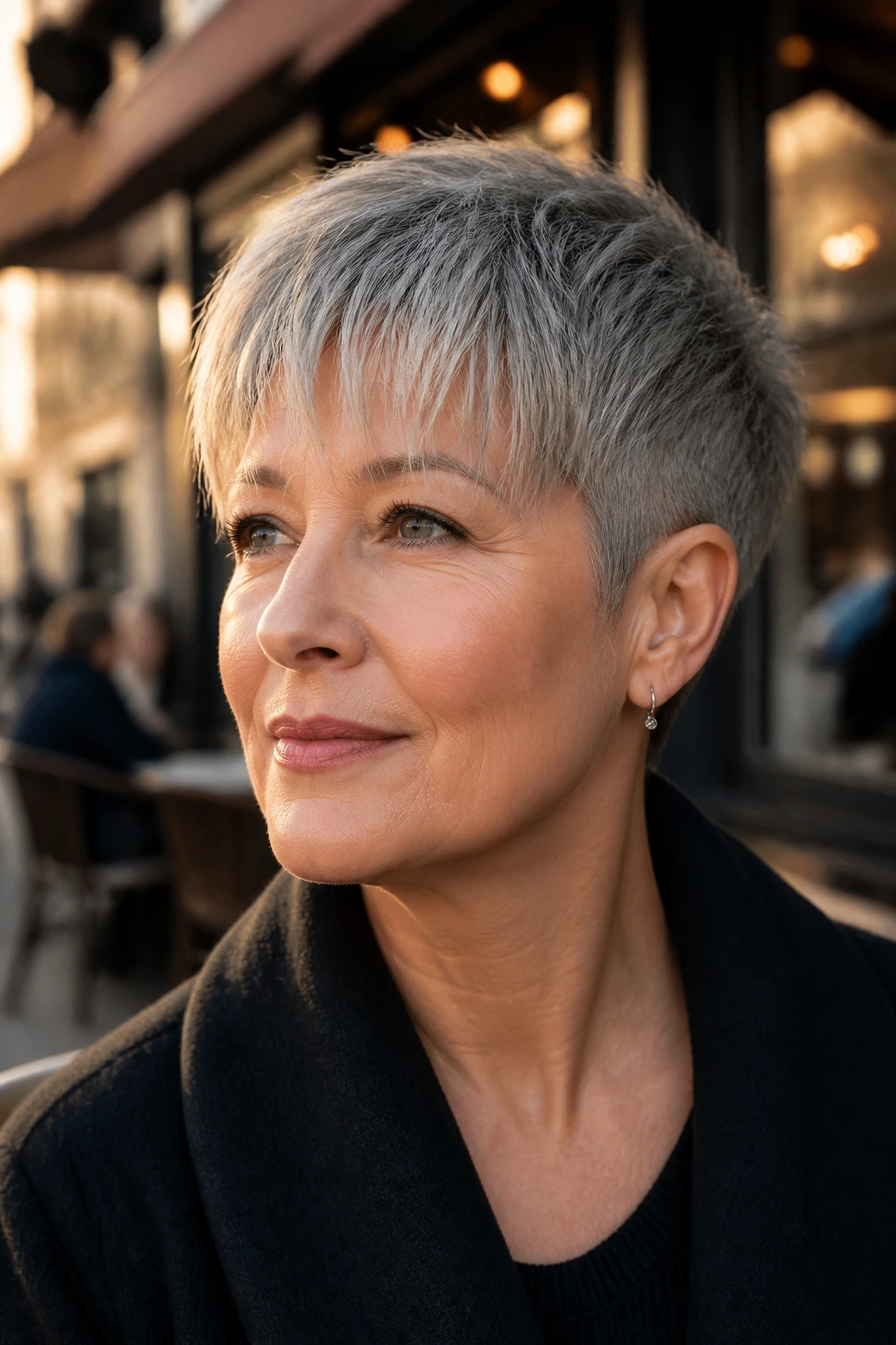 Close-up of a real woman with a tapered crop and wispy fringe