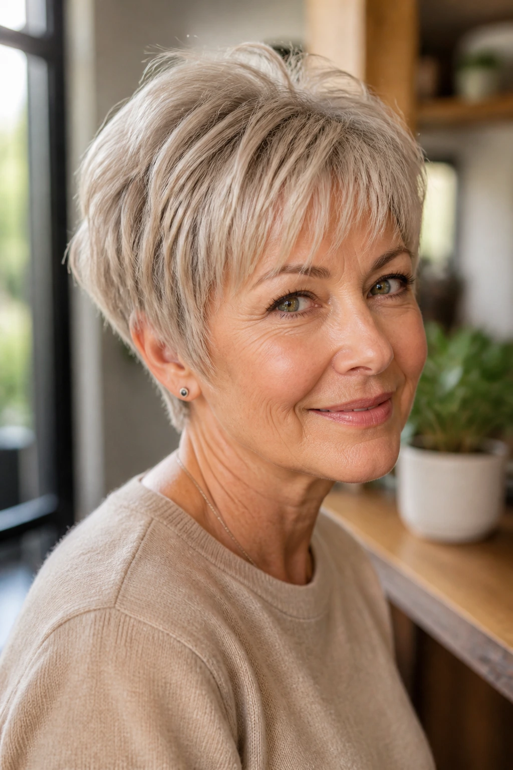 Close-up portrait of a real woman with a tapered crop and wispy fringe in warm daylight