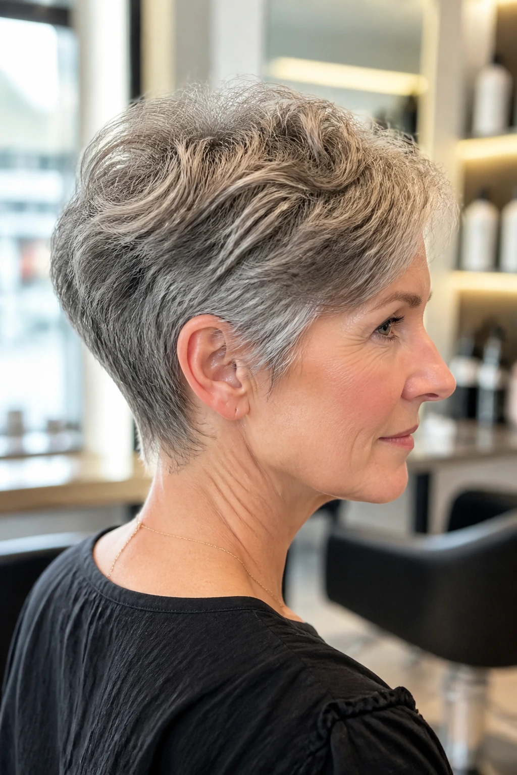 Close-up of a real woman with a tapered crop and wispy nape on fine, wavy hair