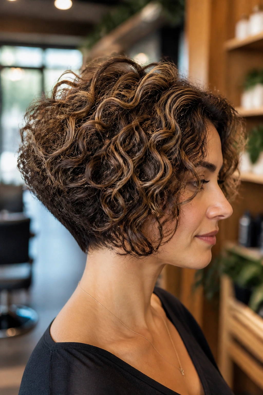 Close-up of a real woman with tapered crown volume bob and babylights