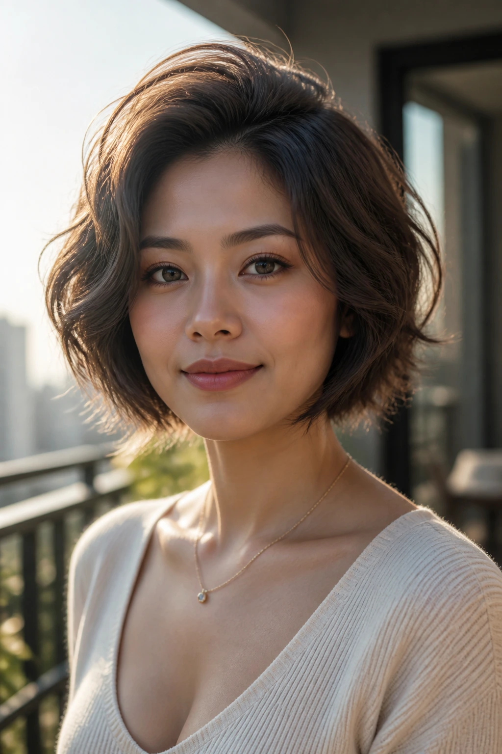 Close-up portrait of a real woman with a tapered crown bob and lifted crown