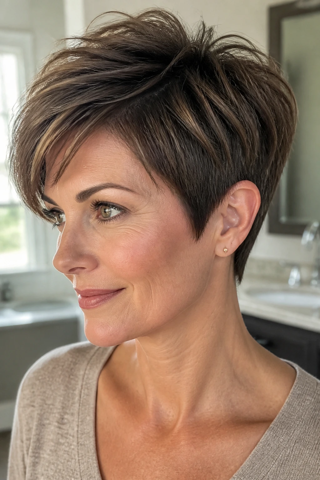 Close-up of a real woman with a tapered crown-boost pixie