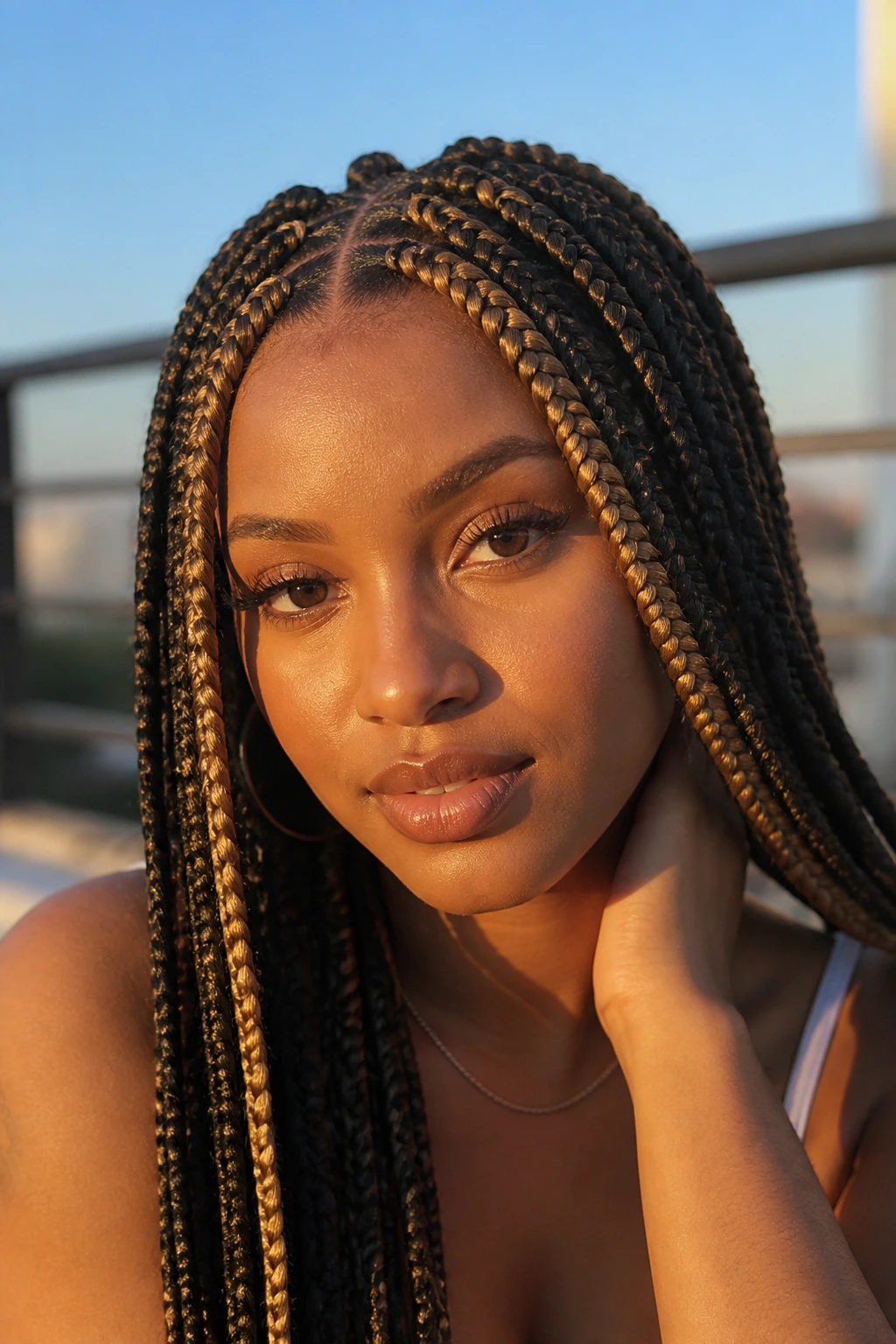 Real person with tapered crown braids and lighter front pieces framing the face