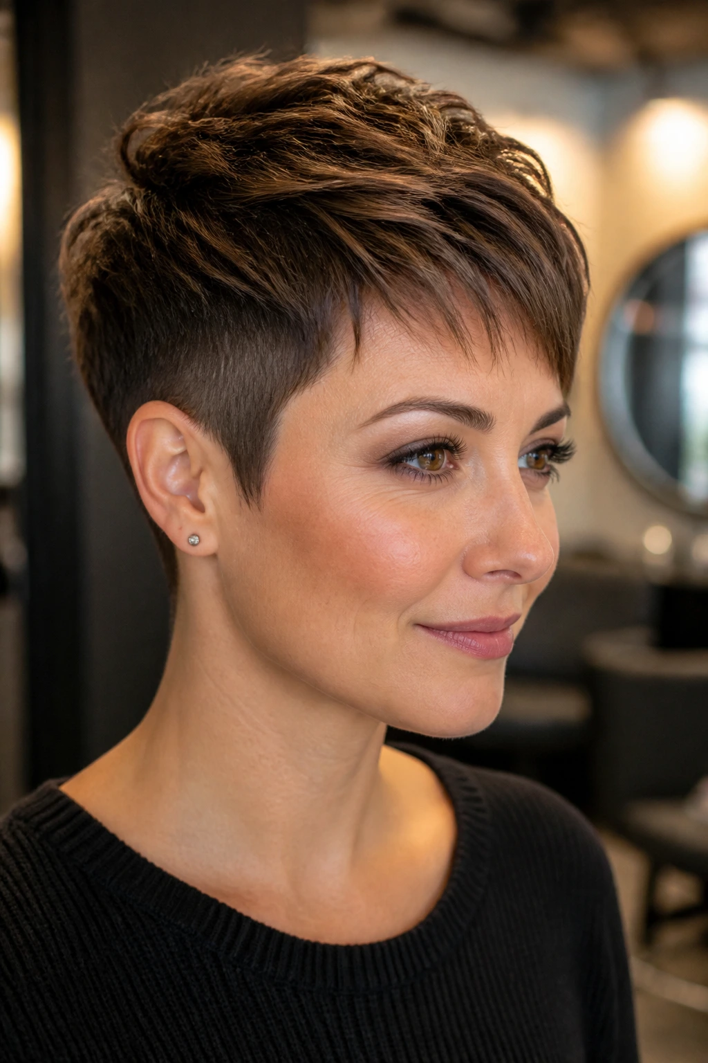 Portrait of a woman with tapered crown pixie, highlighting crown lift.